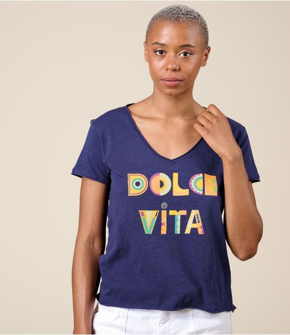 VITA DOLCE VITA Camiseta de algodón azul marino - - Storiatipic