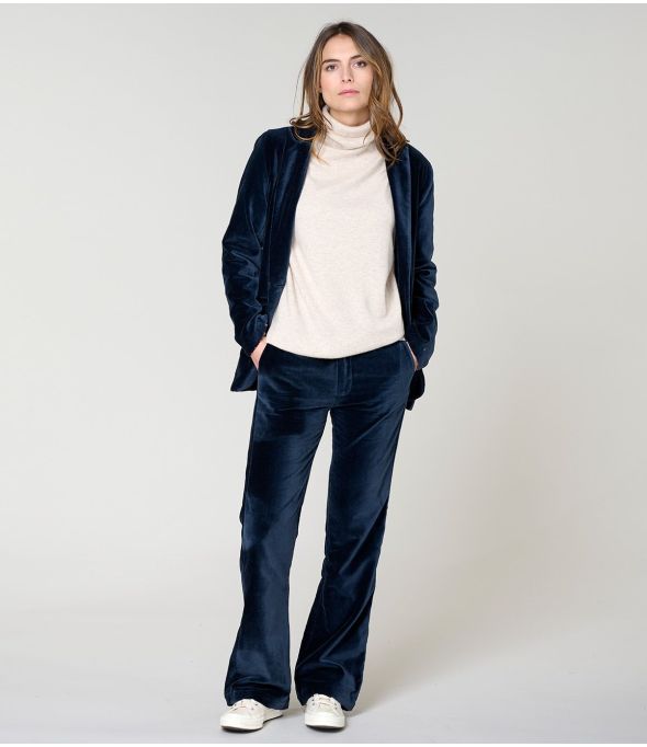 PANTALONES SASHA DE ALGODÓN DE TERCIOPELO AZUL MARINO LISO - - Storiatipic