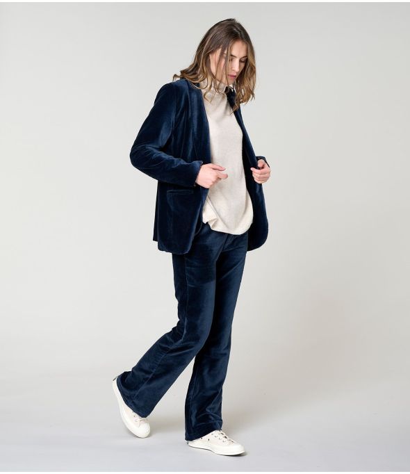 PANTALONES SASHA DE ALGODÓN DE TERCIOPELO AZUL MARINO LISO - - Storiatipic