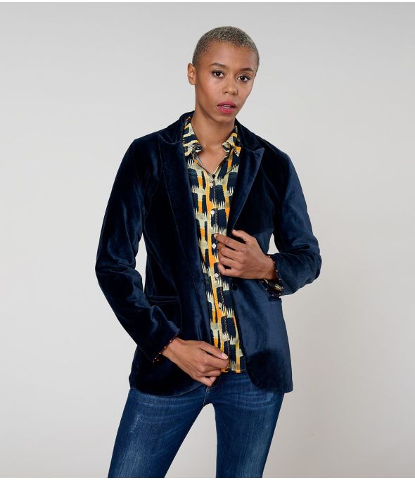 PLAIN PLAIN VELVET NAVY SHOULDER JACKET in Cotton - - Storiatipic